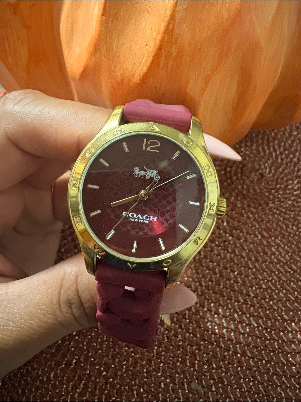 Coach Women's Maroon and Gold-Tone Silicone Strap Watch